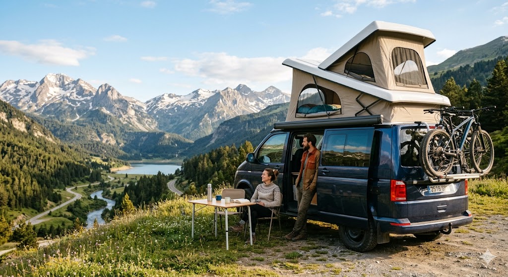 Furgoneta camper con techo elevable abierto en la montaña